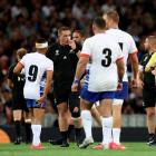All Black Ethan de Groot (left) received a yellow card that was later upgraded to red. Photo:...