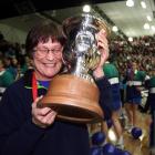 Southern Sting coach Robyn Broughton with the trophy after the team beat the Canterbury Flames 47...