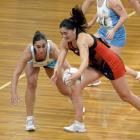 Auckland centre Samon Nathan (left) and Christchurch centre Ashleigh Poi contest the ball during...