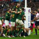 South Africa players celebrate a try to Eben Etzebeth in the game against France. Photo: Reuters