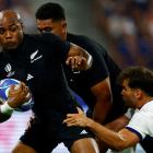 Mark Telea in action for the All Blacks against France in the opening match of the World Cup....