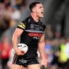 Nathan Cleary of the Panthers celebrates after scoring the match winning try. Photo: Getty Images