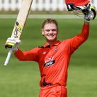 South Australia batter Jake Fraser-McGurk celebrates bringing up his 29-ball century against...