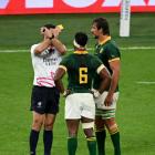 Kiwi referee Ben O’Keeffe shows Springbok Eben Etzebeth (right) a yellow card during the...