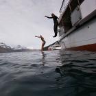 Two hardy swimmers leaping off the Earnslaw to test the waters for The Whakatipu Legend’s 4km...