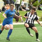 Southern United’s Toni Power controls the ball in front of Waterside Karori’s Nikki Furukawa...