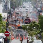 Contractors continue working on an upgrade of the malls block in George St in Dunedin yesterday....