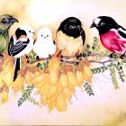 Native birds feature in Kaori Jackson’s painting Celebrating Kowhai Bloom, part of her exhibition...