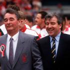 Brian Clough (left), Nottingham Forest manager, and Terry Venables, Tottenham manager, lead their...