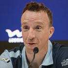 Kris Meeke speaks at a press conference before a World Rally Championship event earlier this year...