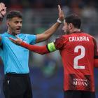 Referee Jesus Gil Manzano warns Davide Calabria of AC Milan to end his time wasting antics during...