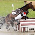 Brittany Fowler falls from Game Keeper at the water jump in the four-star class at the Puhinui...