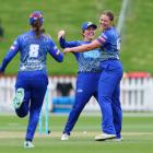 Poppy-Jay Watkins of Otago celebrates after taking the wicket of Rebecca Burns. Photo: Getty Images