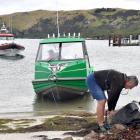 Timaru couple Paul and Janie Annear secure their boat, 'The Hulk', at Wellers Rock while Moana...
