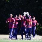 Matt Hay (2nd left) celebrates a wicket with his Burnside West Uni teammates. PHOTO: ELIZABETH...