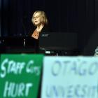 Helen Nicholson speaks at the Otago University stop work meeting at the Union Hall in September....
