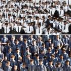 Otago Boys’ High School senior pupils perform a haka for the year-9 pupils’ first day of school....