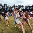 The winning team of the Glenorchy Race’s tug-of-war moments before success on Saturday. 
