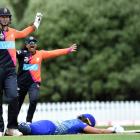 Northern Brave wicketkeeper Holly Topp (left) and her team-mate, Chamari Athapaththu, celebrate...