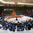 Russian Foreign Minister Sergei Lavrov speaks to delegates during a meeting of the United Nations...