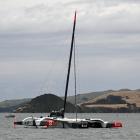 Trimaran Actual Ultim 3 makes its way up Otago Harbour on Saturday. PHOTO: CRAIG BAXTER