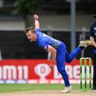 Hazeldine bowls during a T20 Super Smash match between the Otago Volts and the Central Stags at...
