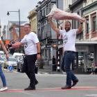 Getting in step for National Lamb Day are (from left) Maniototo farmer Emma Crutchley, Port Otago...