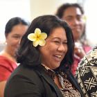 Pacific professor of psychology Siautu Alefaio reacts to a cultural welcome from members of the...