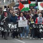 People march into the Octagon, protesting against the war in Gaza, on Saturday. PHOTO: PETER...