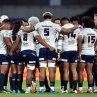 The Moana Pasifika Super Rugby team during their Saturday night match against the Highlanders at...