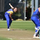 Otago swing bowler Emma Black sends a delivery hurtling towards Auckland batter Izzy Gaze during...