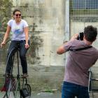 German tourists Astrid and Martin Strzys enjoy the thrill of riding a penny-farthing without the...