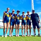 From left, South Island U15 girls’ coxed quad winners Caitlyn Purdue, Chelsea Wood, Amelie Dee,...