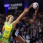 Silver Ferns goal shoot Grace Nweke and Australia goal defence Sarah Klau in action during the...