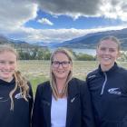 Ice Fernz ice hockey players Gabby Mills, left, and Kimberley Helmersson, right, with manager...