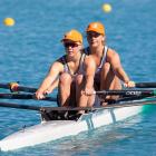 Columba College rowers Matilda Sutton (left) and Fenella Millen compete in the girls under-16...