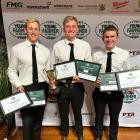 Tasman Young Farmer of the Year winner George Dodson (centre), runner-up George Letham (left) and...
