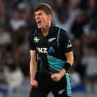 New Zealand's Ben Sears celebrates taking a wicket against Australia in the second T20 match at...