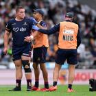 Ethan de Groot of the Highlanders receives medical attention during the round four Super Rugby...