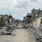 A view of the destruction after Israeli forces withdrawal from Bureij refugee camp in Deir al...