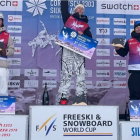 Luca Harrington (R) on the podium at the Freeski World Cup in Switzerland, 2024. Credit: Snow...