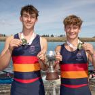 Matthew O'Meara (left) and Angus Loe celebrate winning the boys under-18 double sculls at Maadi...