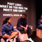 Telling migrants’ stories are (from left) Sowmya Hiremath, Akash Saravanan and Romina Meneses....