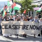 Protesters make their through George St to the Octagon. Photo: Linda Robertson