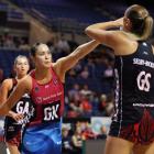 Southern Steel goal keeper Taneisha Fifita defends the shot of Te Paea Selby-Rickit during last...