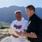 Mike King, left, inspecting plans for Queenstown’s ‘The Hope House’ with local Fowler Homes...