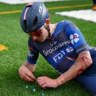 New Zealand rider Laurence Pithie reacts after the Paris-Roubaix race in France yesterday. PHOTO:...