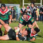 Hornby Panthers captain Devaun Thompson is tackled during the 2021 grand final against Linwood....