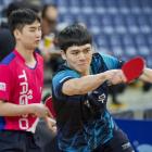 South Korean Army table tennis team representatives (from left) Yechan Yang, 22, Gihun Lee, 22,...