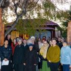 The Te Whare Koa Marae community gathers beside the newly installed pou on Saturday morning in...
